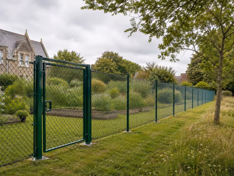 Dark green coated chain link fence and matching access gate in a landscaped setting