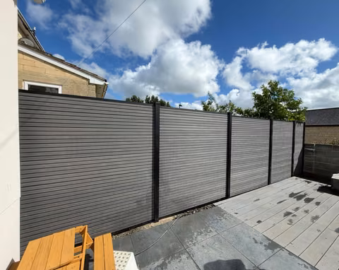 Alpha Decking Willow composite fencing with aluminium posts beside a paved Bath garden