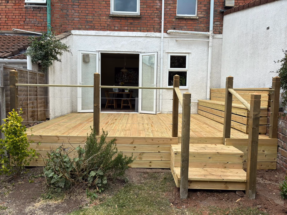 Timber garden deck with built-in bench storage