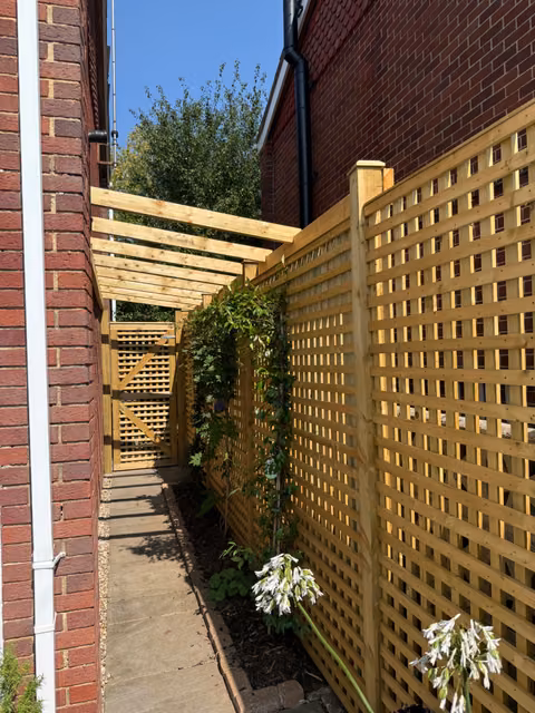 Bespoke timber trellis fence with matching gate and lean-to pergola beside an Olveston house
